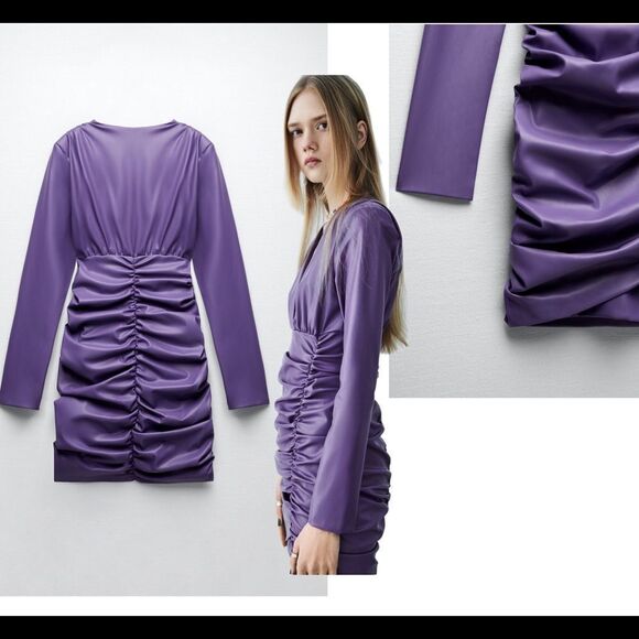 Zara purple faux leather long sleeve V-neck ruched mini dress Sz L NWT - Picture 4 of 14